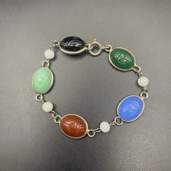 Vintage Egyptian Revival Multi Color Glass Scarab Bracelet Gold Tone 1940s-50s - Picture 1 of 10
